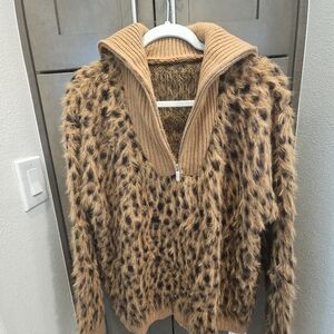 Faux Fur Leopard-Print V-Neck Sweater - Camel